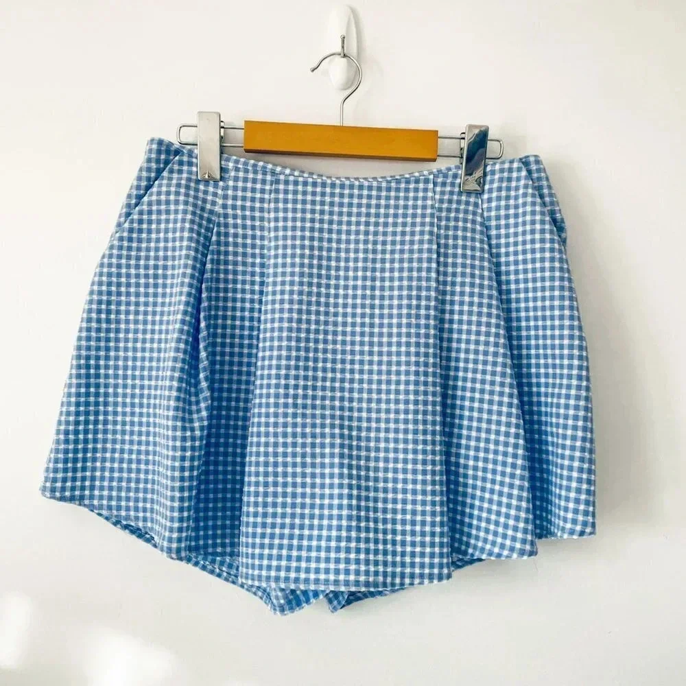 Zara Textured Gingham Split Skirt Blue White Size Medium